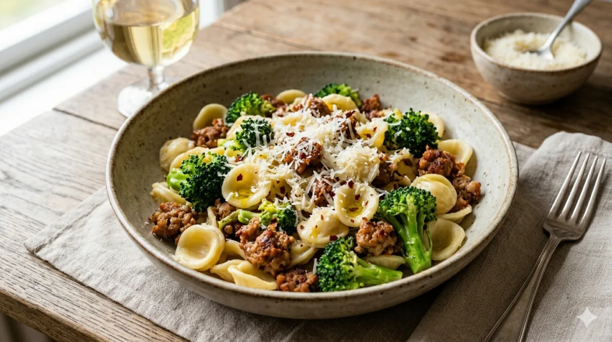 Pasta med grillad salsiccia och broccoli